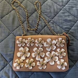 Floral Embellished Tan Shoulder Bag